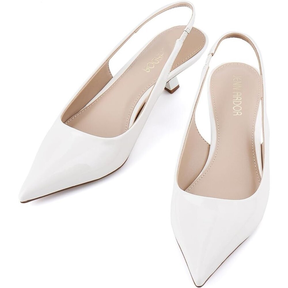 Women Slingback White Heel Pumps Dressy Kitten Heels Sandals Wide Width Shoes